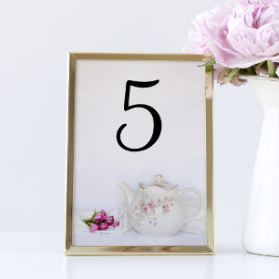 Numéro De Table Mariage de théière et roses roses