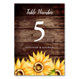 Numéro De Table Mariage de tournesol rustique