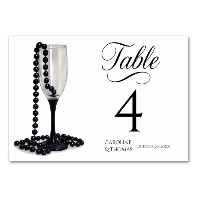 Numéro De Table Mariage de verre de champagne Black & White Pearl (Devant)