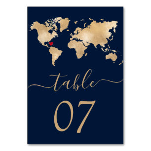 Numéro De Table Mariage Destination World Map Heart Navy
