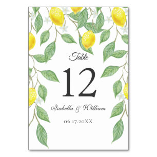 Numéro De Table Mariage d'été moderne Boho Watercolor Lemon
