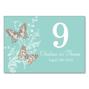 Numéro De Table Mariage deux papillons graphiques nom date aqua