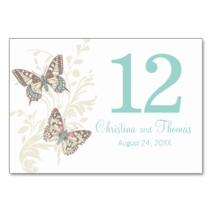 Numéro De Table Mariage deux papillons graphiques nom date turquoi