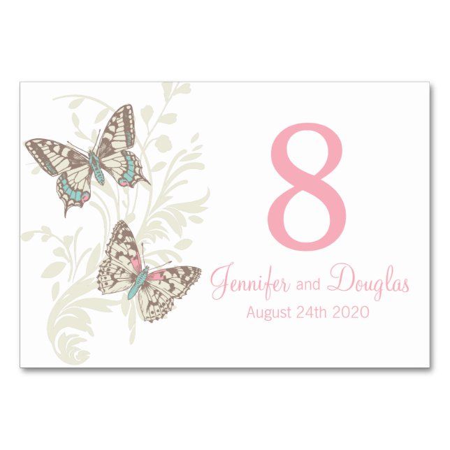 Numéro De Table Mariage deux papillons graphiques nom et date (Devant)