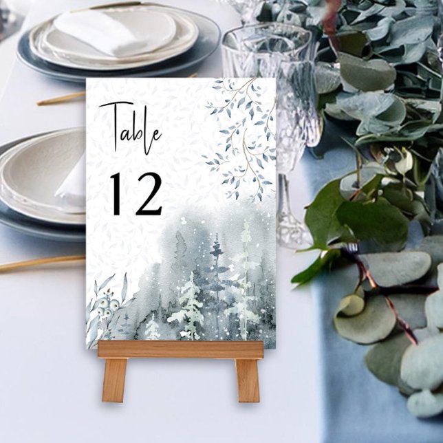 Numéro De Table Mariage d'hiver Aquarelle Forêt de neige modifiabl (Wedding Table Number from the Snow Forest wedding collection by Darling & May)