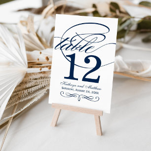 Numéro De Table Mariage élégant avec calligraphie bleu marine