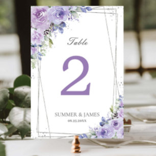 Numéro De Table Mariage Élégant Fleuris Violet Lilas Argent
