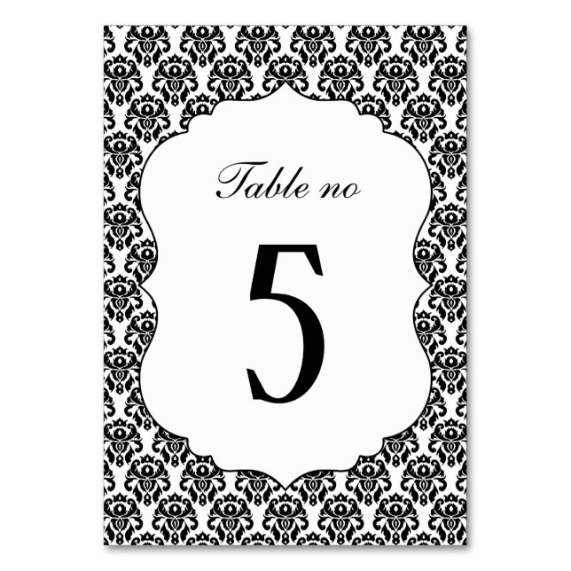 Numéro De Table Mariage élégant noir blanc damas (Dos)