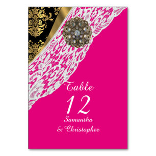Numéro De Table Mariage en dentelle blanche rose noir et or damass