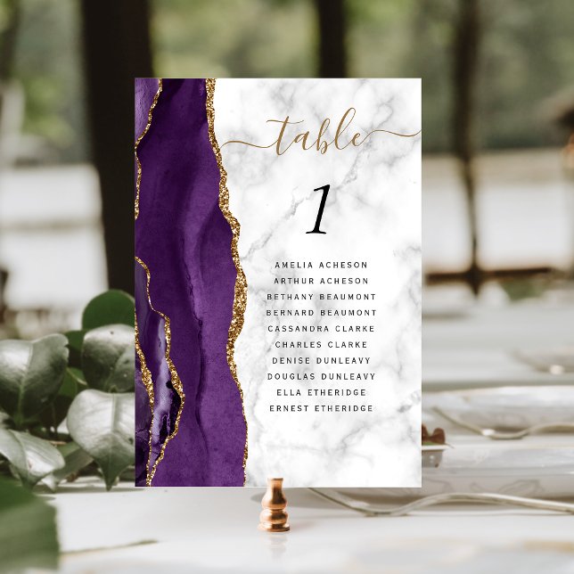 Numéro De Table Mariage en marbre d'agate d'or violet (Créateur téléchargé)