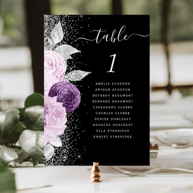 Numéro De Table Mariage Fleur Violet Argent Paillettes Noir (Créateur téléchargé)