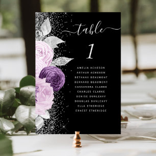 Numéro De Table Mariage Fleurie Violet Argent Pailleté Noir