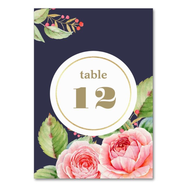 Numéro De Table Mariage Fleurs Aquarelle Bleu Marine (Par défaut)