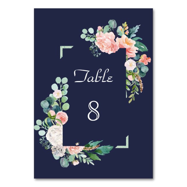Numéro De Table Mariage Fleurs Blanches Rose Aquarelle Cadre Vert (Par défaut)