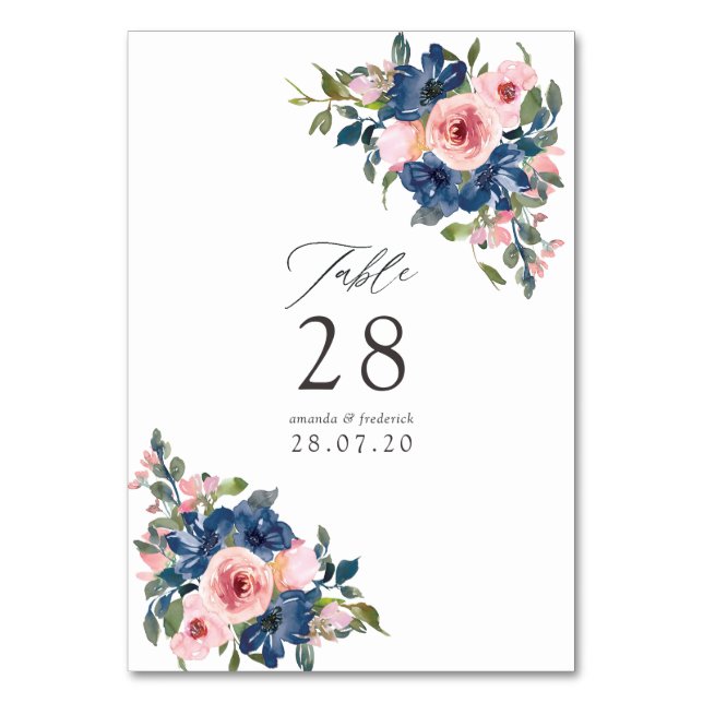 Numéro De Table Mariage floral à l'aquarelle bleu marine et rose (Par défaut)