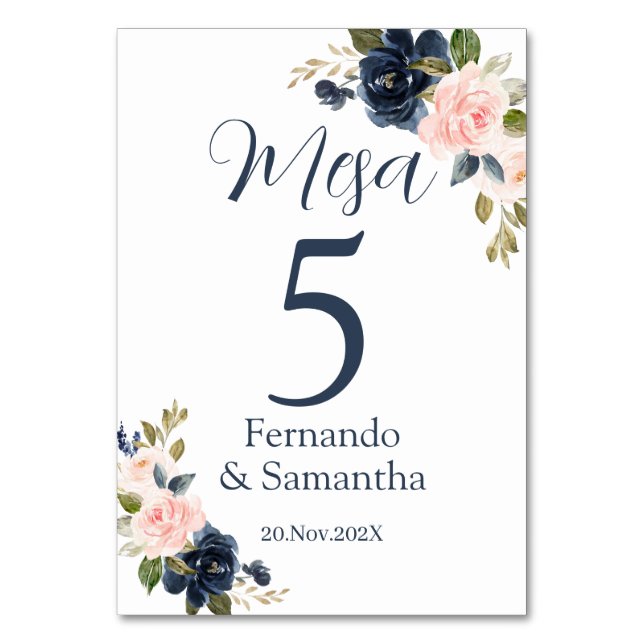 Numéro De Table Mariage Floral bleu de la marine espagnole (Par défaut)