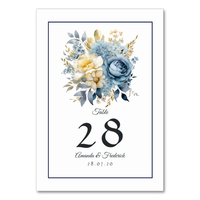Numéro De Table Mariage floral bleu et or Dusty (Par défaut)