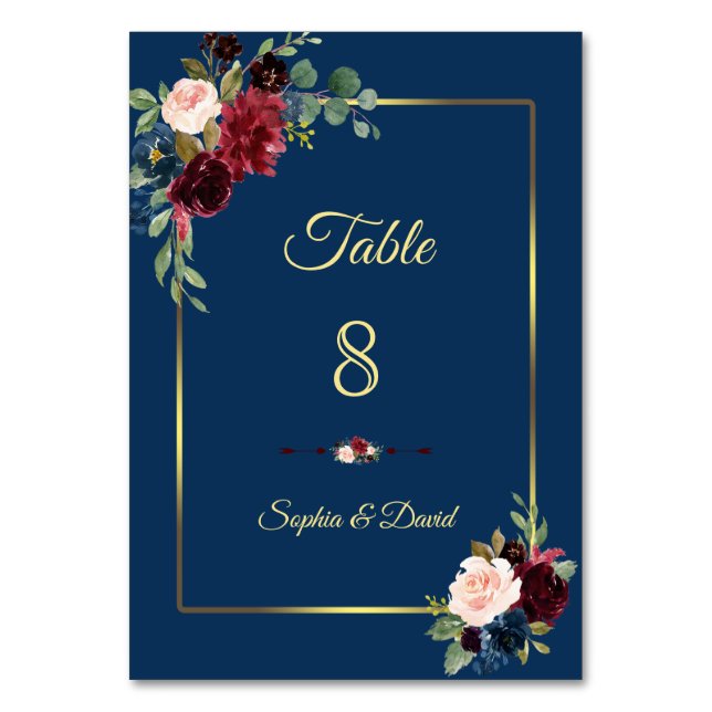 Numéro De Table Mariage Floral Bleu Nuit Bourgogne Doré (Par défaut)