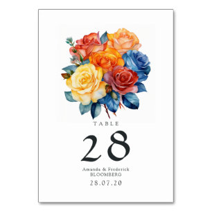 Numéro De Table Mariage floral bleu, orange, jaune et rouge