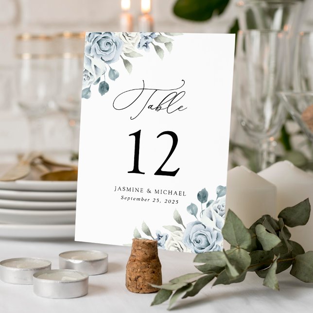 Numéro De Table Mariage Floral Bleu Poussiéreux Élégant (Créateur téléchargé)