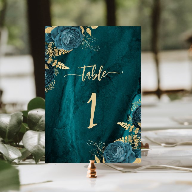 Numéro De Table Mariage Floral Bleu sarcelle Or Élégant (Créateur téléchargé)