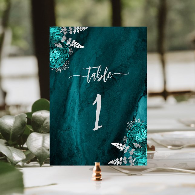 Numéro De Table Mariage Floral Bleu Turquoise Argenté Élégant (Créateur téléchargé)
