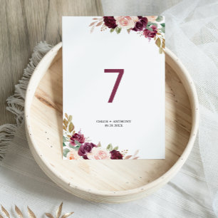 Numéro De Table Mariage Floral Bourguignon Rouge Vert