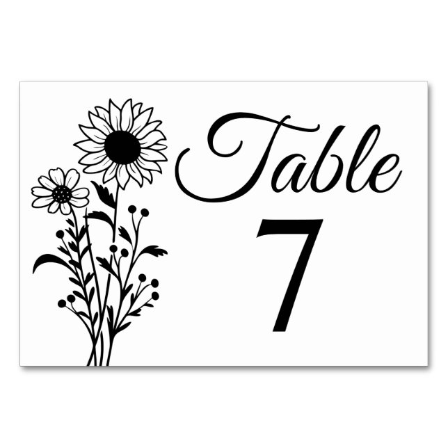 Numéro De Table Mariage floral de tournesol noir et blanc Boho (Devant)