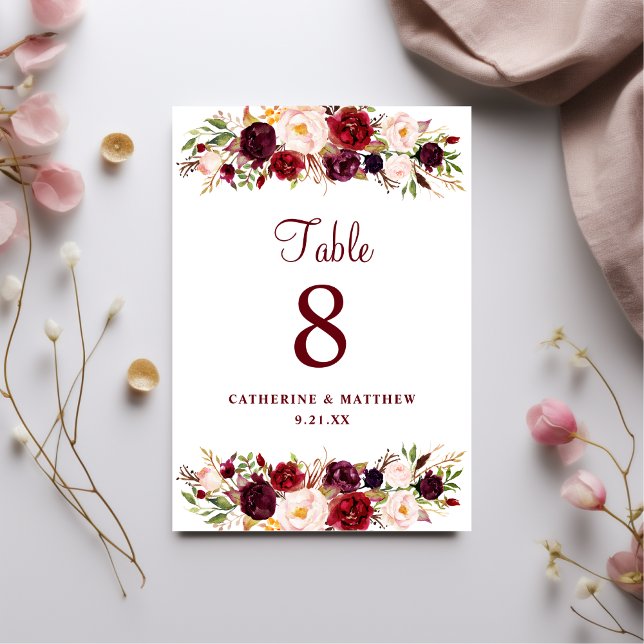 Numéro De Table Mariage floral élégant de Bourgogne rose (Créateur téléchargé)