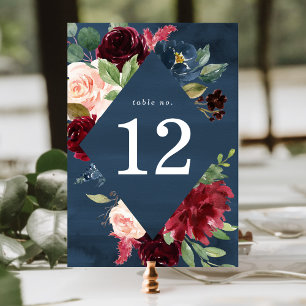 Numéro De Table Mariage Floral Élégant Rose et Bourgogne et Bleu M