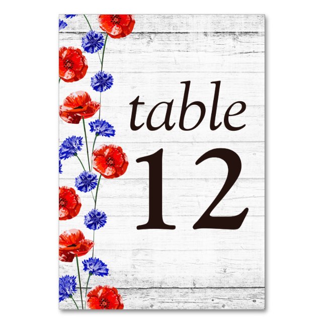 Numéro De Table Mariage floral en bois rustique et pavot rouge (Par défaut)