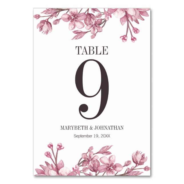 Numéro De Table Mariage floral en fleurs de cerisier rose (Dos)