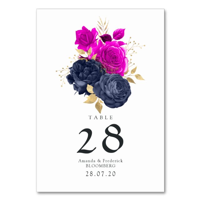 Numéro De Table Mariage floral Magenta, Navy et Or (Par défaut)