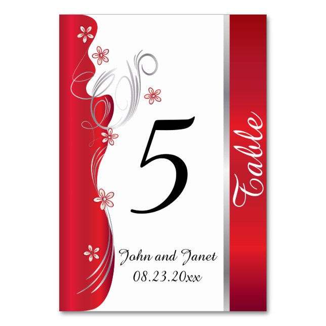 Numéro De Table Mariage floral moderne | Rouge profond et argent (Par défaut)