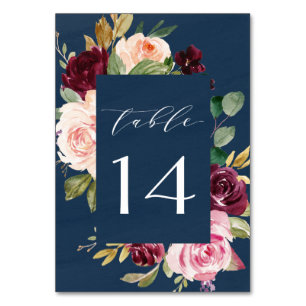 Numéro De Table Mariage floral rose bleu bleu marine Bourgogne or 