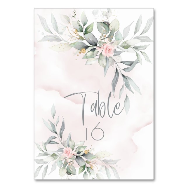 Numéro De Table Mariage | Floral rose rustique Pale Sage Vert (Dos)