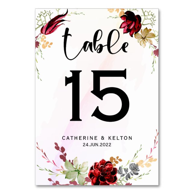 Numéro De Table Mariage floral rustique rouge élégant (Par défaut)