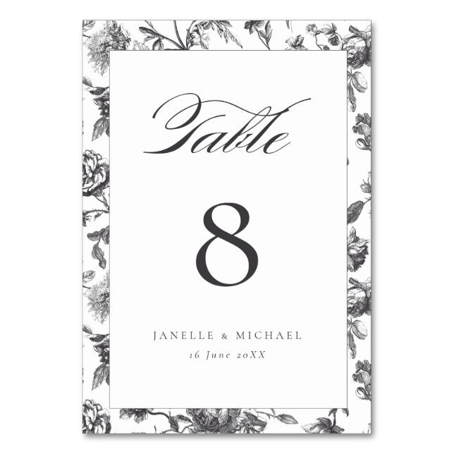 Numéro De Table Mariage Floral Toile Noir et Blanc Antique  (Par défaut)