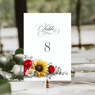 Numéro De Table Mariage floral tournesol et rose rouge
