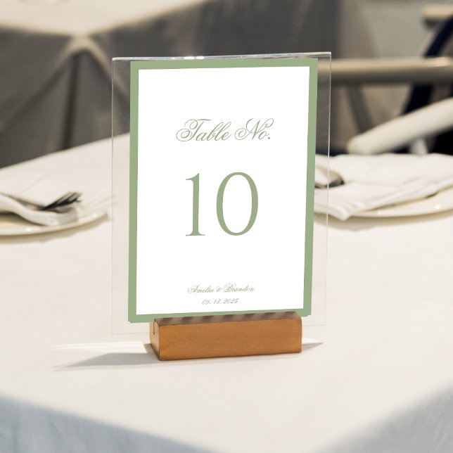 Numéro De Table Mariage Formel Classique Vert Sauge Bordure Script (Créateur téléchargé)