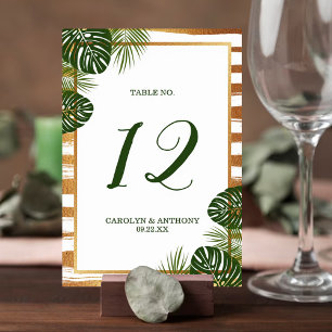 Numéro De Table Mariage Gold Foil & Green Palm Leaf Beach