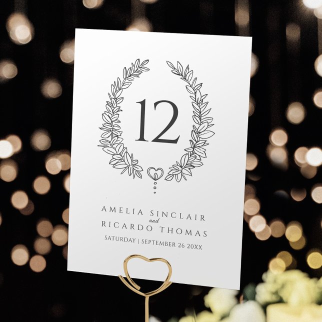Numéro De Table Mariage gris de fusain blanc feuille de couronne o (Créateur téléchargé)