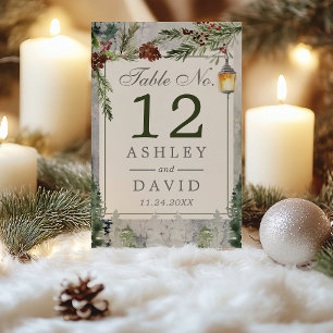 Numéro De Table Mariage hivernal rustique pin chic lanterne botani