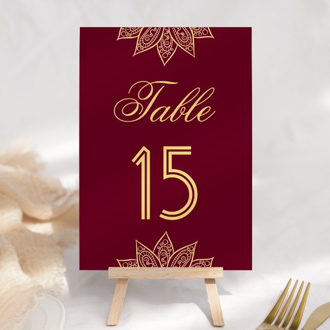 Numéro De Table Mariage indien Burgundy Mehendi Henna Or (Créateur téléchargé)