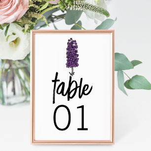 Numéro De Table Mariage minimaliste de larkspur violet