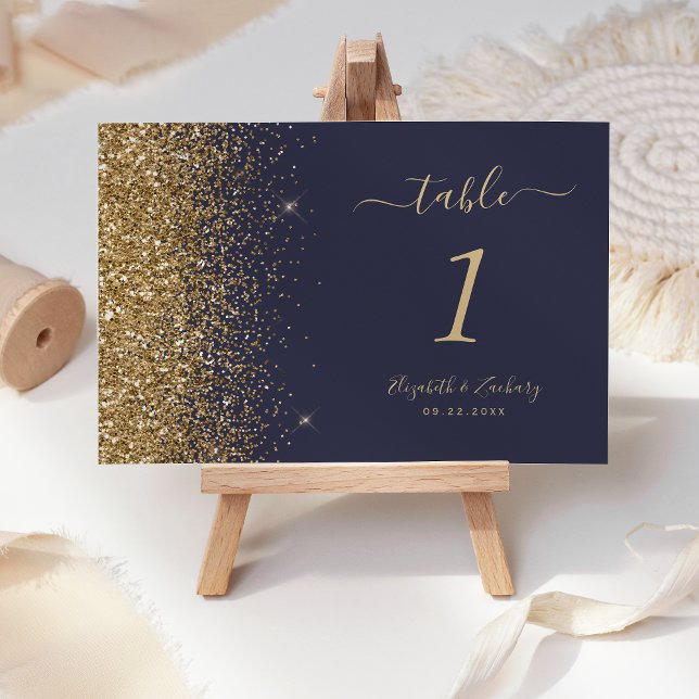 Numéro De Table Mariage Moderne Bordure Pailletée Bleu Foncé Or (Créateur téléchargé)