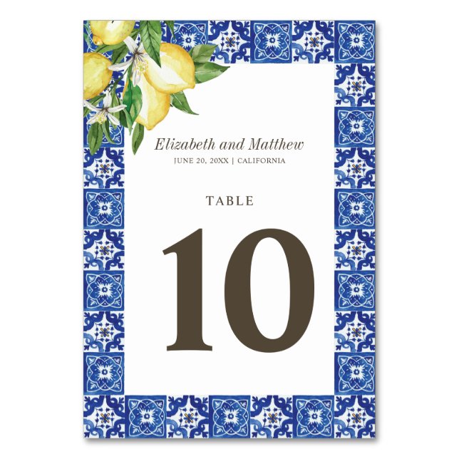 Numéro De Table Mariage moderne citron feuillage bleu méditerranée (Par défaut)