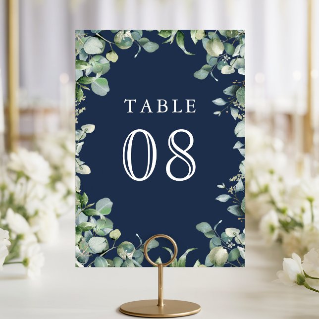 Numéro De Table Mariage Moderne Eucalyptus Verdure Bleu Marine (Créateur téléchargé)
