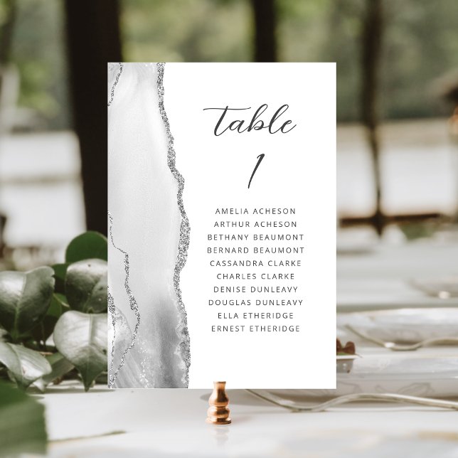 Numéro De Table Mariage Moderne Gris Agate Argent Script (Créateur téléchargé)