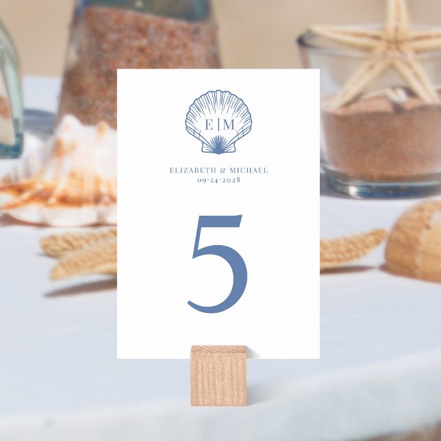 Numéro De Table Mariage Monogramme du Coastal Blue Seashell (Créateur téléchargé)